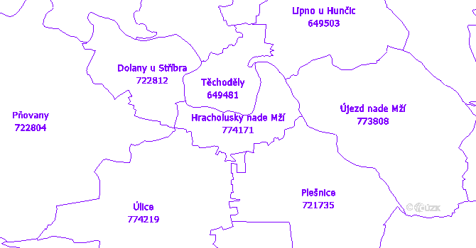 Katastrální mapa Hracholusky nade Mží - přehledová mapa katastrálního území