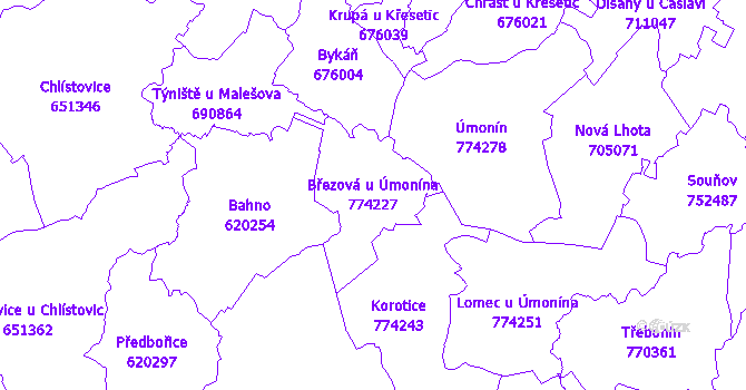 Katastrální mapa Březová u Úmonína - přehledová mapa katastrálního území