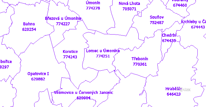 Katastrální mapa Lomec u Úmonína - přehledová mapa katastrálního území