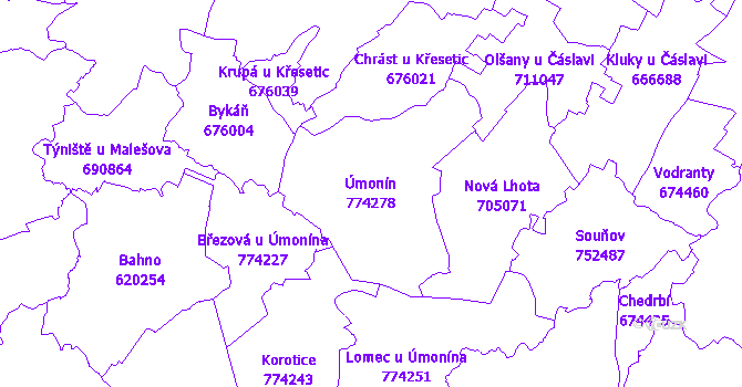 Katastrální mapa Úmonín - přehledová mapa katastrálního území
