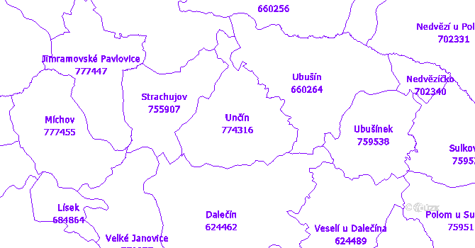 Katastrální mapa Unčín - přehledová mapa katastrálního území