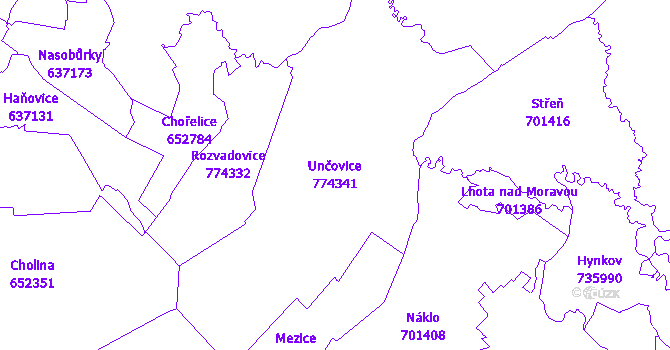 Katastrální mapa Unčovice - přehledová mapa katastrálního území