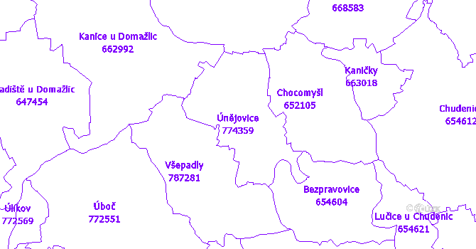 Katastrální mapa Únějovice - přehledová mapa katastrálního území