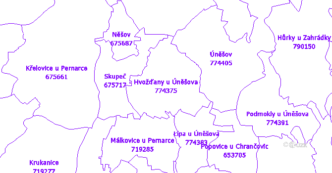 Katastrální mapa Hvožďany u Úněšova - přehledová mapa katastrálního území