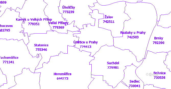 Katastrální mapa Únětice u Prahy - přehledová mapa katastrálního území