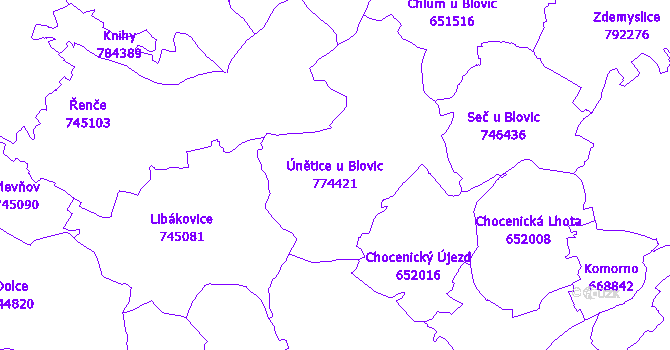 Katastrální mapa Únětice u Blovic - přehledová mapa katastrálního území