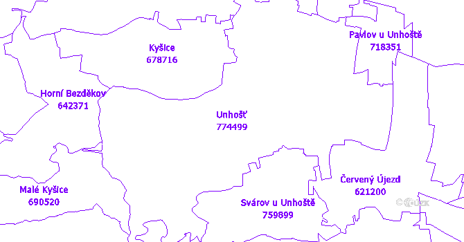 Katastrální mapa Unhošť - přehledová mapa katastrálního území