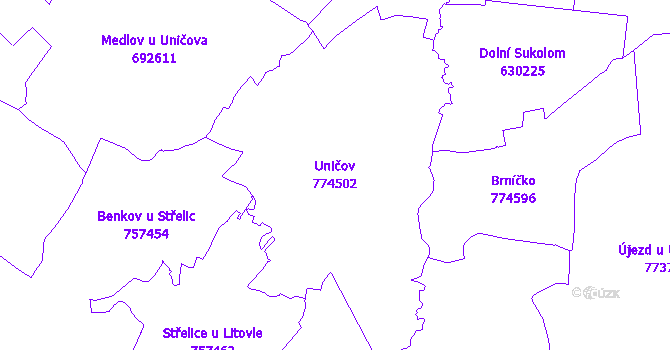 Katastrální mapa Uničov - přehledová mapa katastrálního území