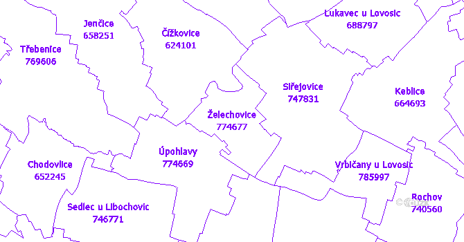 Katastrální mapa Želechovice - přehledová mapa katastrálního území