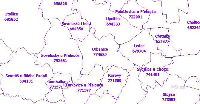 Katastrální mapa Urbanice - přehledová mapa katastrálního území
