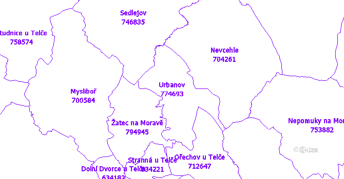 Katastrální mapa Urbanov - přehledová mapa katastrálního území