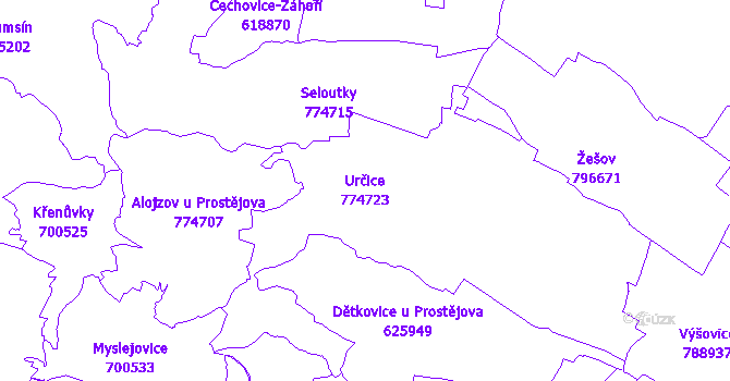 Katastrální mapa Určice - přehledová mapa katastrálního území