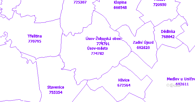 Katastrální mapa Úsov-město - přehledová mapa katastrálního území