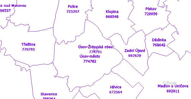 Katastrální mapa Úsov-Židovská obec - přehledová mapa katastrálního území
