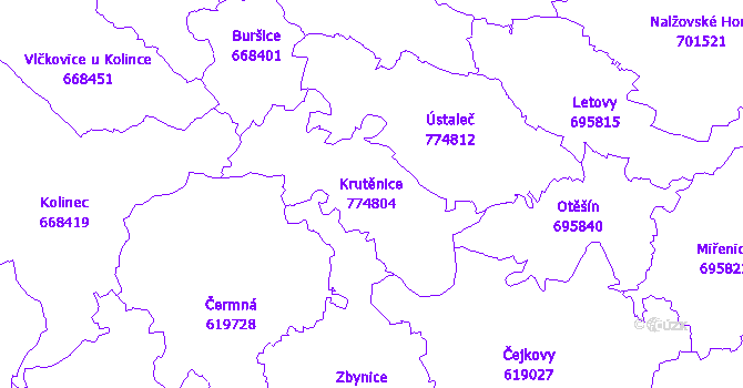 Katastrální mapa Krutěnice - přehledová mapa katastrálního území