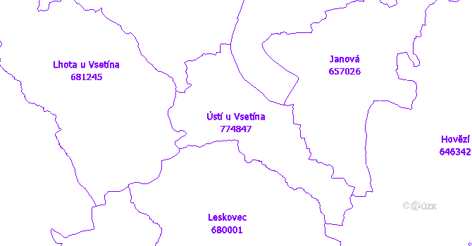 Katastrální mapa Ústí u Vsetína - přehledová mapa katastrálního území