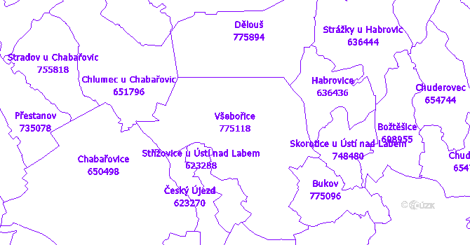 Katastrální mapa Všebořice - přehledová mapa katastrálního území