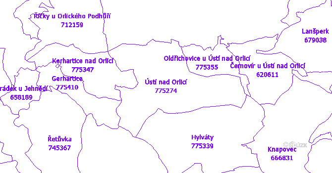 Katastrální mapa Ústí nad Orlicí - přehledová mapa katastrálního území