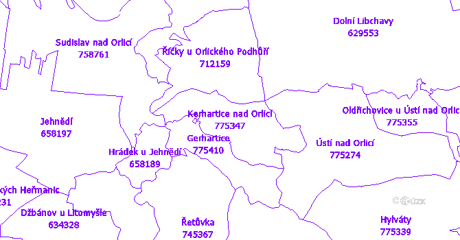 Katastrální mapa Kerhartice nad Orlicí - přehledová mapa katastrálního území