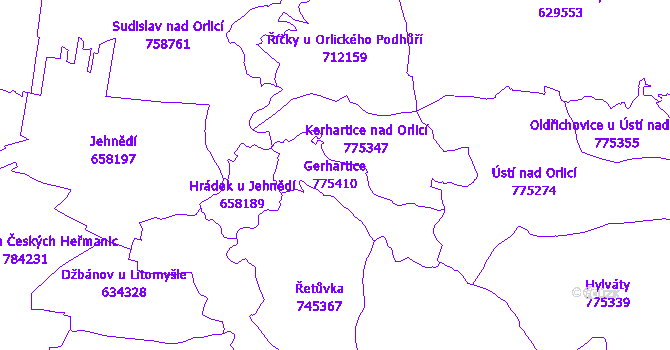 Katastrální mapa Gerhartice - přehledová mapa katastrálního území