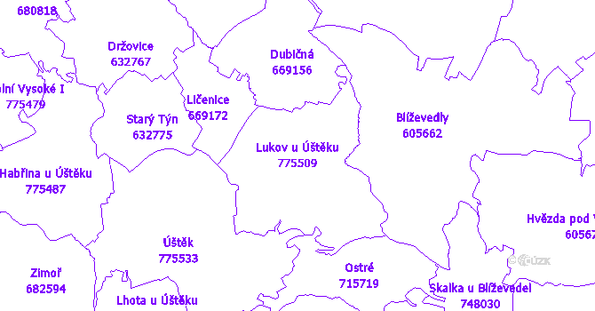 Katastrální mapa Lukov u Úštěku - přehledová mapa katastrálního území