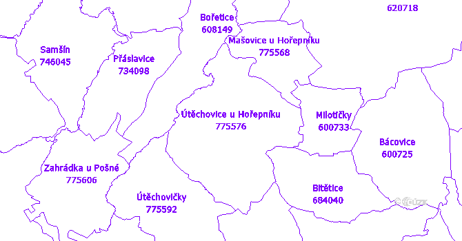 Katastrální mapa Útěchovice u Hořepníku - přehledová mapa katastrálního území