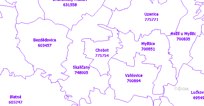 Katastrální mapa Chobot - přehledová mapa katastrálního území