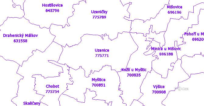 Katastrální mapa Uzenice - přehledová mapa katastrálního území
