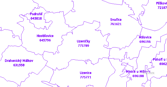 Katastrální mapa Uzeničky - přehledová mapa katastrálního území