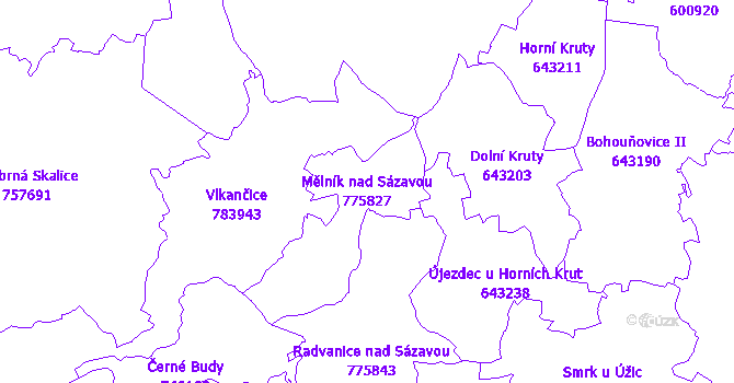 Katastrální mapa Mělník nad Sázavou - přehledová mapa katastrálního území