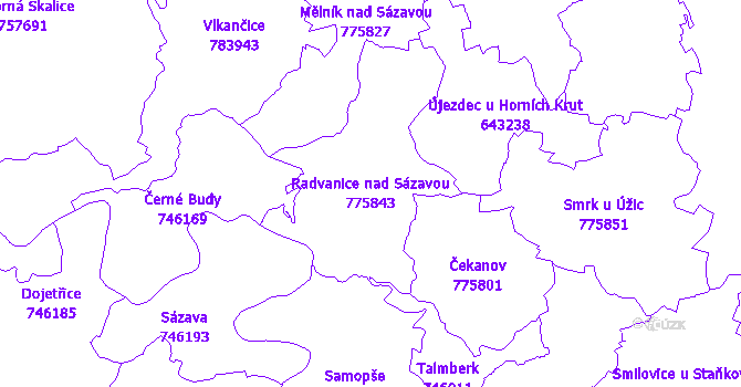 Katastrální mapa Radvanice nad Sázavou - přehledová mapa katastrálního území