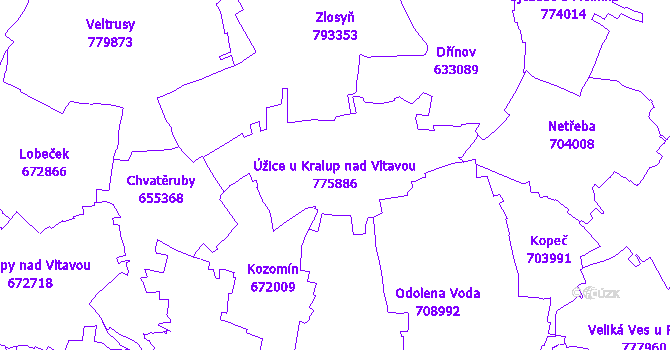 Katastrální mapa Úžice u Kralup nad Vltavou - přehledová mapa katastrálního území