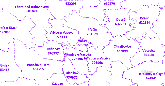 Katastrální mapa Vacov - přehledová mapa katastrálního území