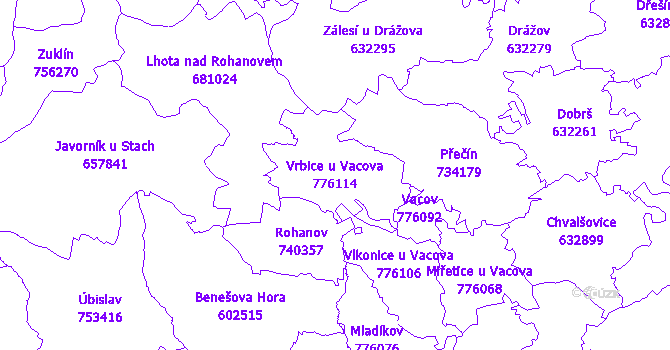 Katastrální mapa Vrbice u Vacova - přehledová mapa katastrálního území