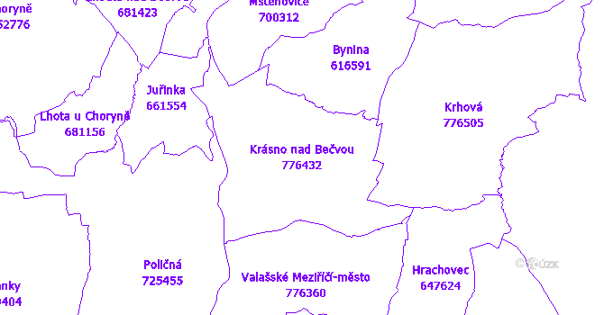Katastrální mapa Krásno nad Bečvou - přehledová mapa katastrálního území