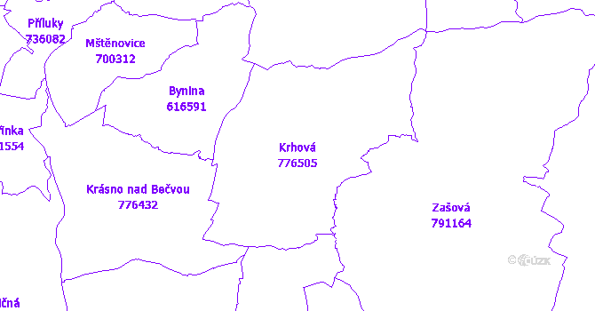 Katastrální mapa Krhová - přehledová mapa katastrálního území