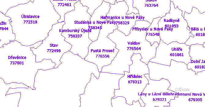 Katastrální mapa Pustá Proseč - přehledová mapa katastrálního území