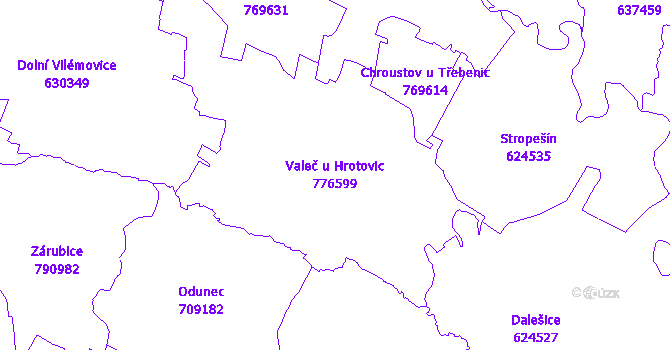 Katastrální mapa Valeč u Hrotovic - přehledová mapa katastrálního území