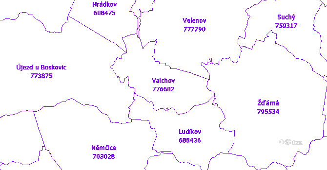 Katastrální mapa Valchov - přehledová mapa katastrálního území