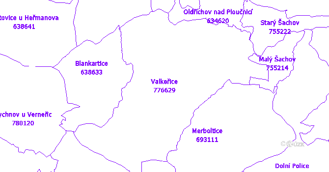 Katastrální mapa Valkeřice - přehledová mapa katastrálního území