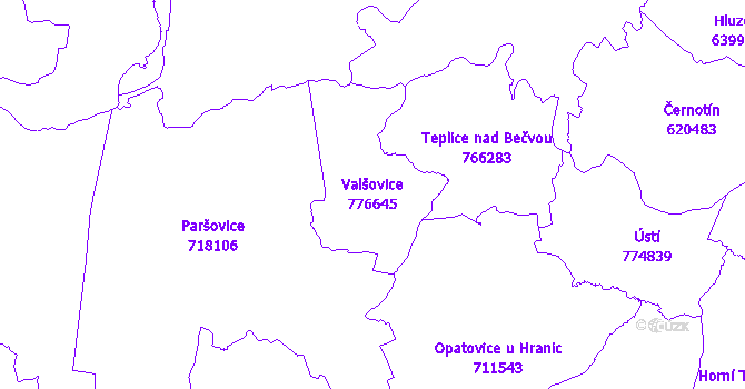 Katastrální mapa Valšovice - přehledová mapa katastrálního území