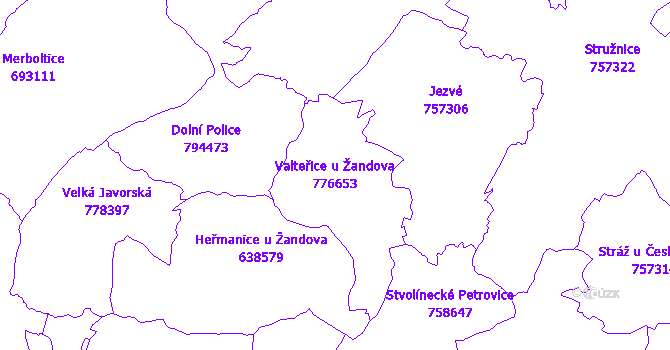 Katastrální mapa Valteřice u Žandova - přehledová mapa katastrálního území