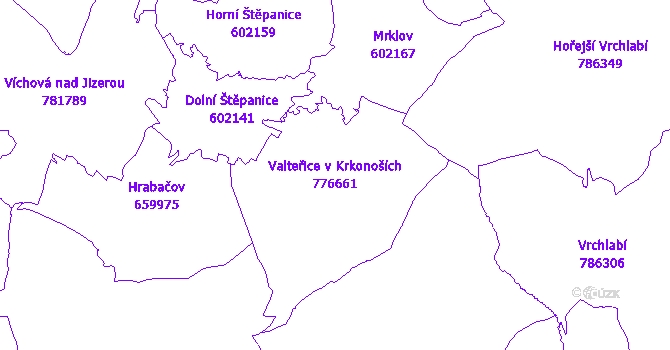 Katastrální mapa Valteřice v Krkonoších - přehledová mapa katastrálního území