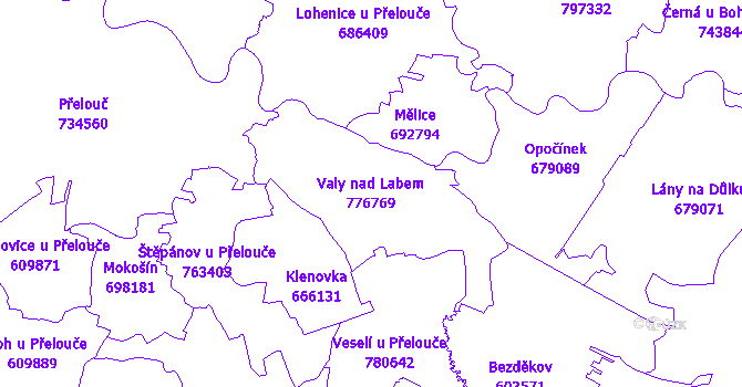 Katastrální mapa Valy nad Labem - přehledová mapa katastrálního území