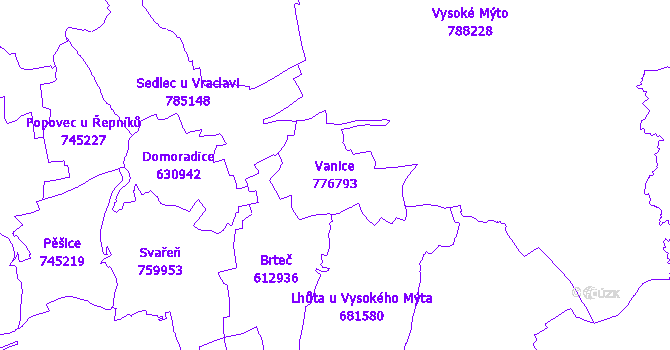 Katastrální mapa Vanice - přehledová mapa katastrálního území