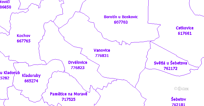Katastrální mapa Vanovice - přehledová mapa katastrálního území