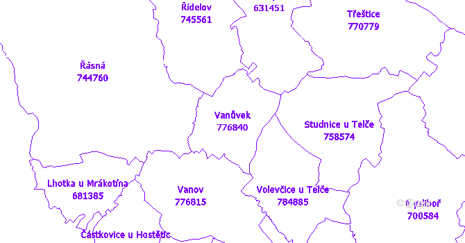 Katastrální mapa Vanůvek - přehledová mapa katastrálního území