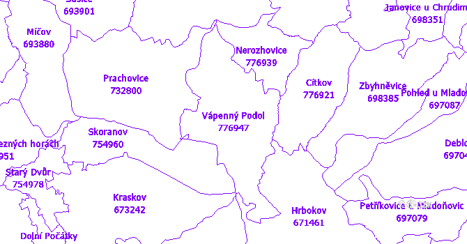 Katastrální mapa Vápenný Podol