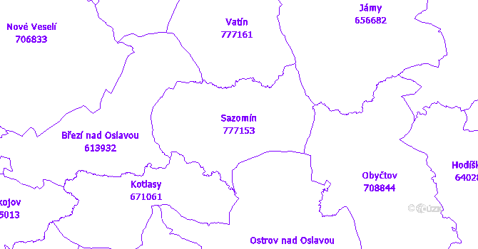 Katastrální mapa Sazomín - přehledová mapa katastrálního území