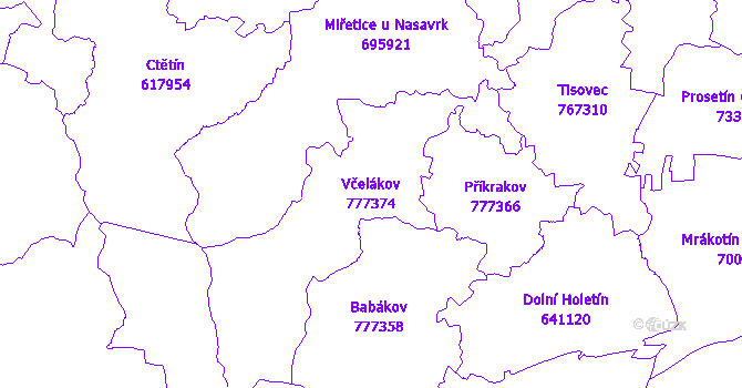 Katastrální mapa Včelákov - přehledová mapa katastrálního území